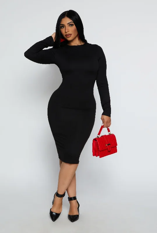 High Neck Long Sleeve Midi Dress