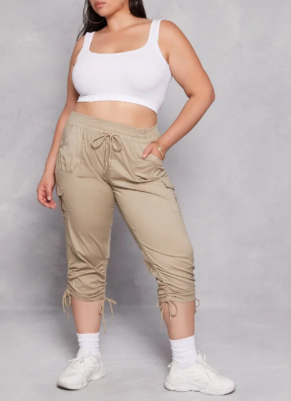 Plus Size High Waisted Ruched Cargo Capri Pants