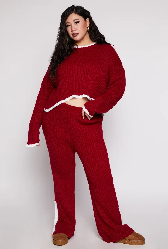 Plus Size Knit Contrast Stripe High Waist Flare Pants