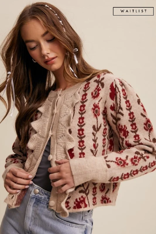 Waitlist 1/28 ♥ Gabby Long Sleeve Button Down Floral Print Knit Cardigan Taupe