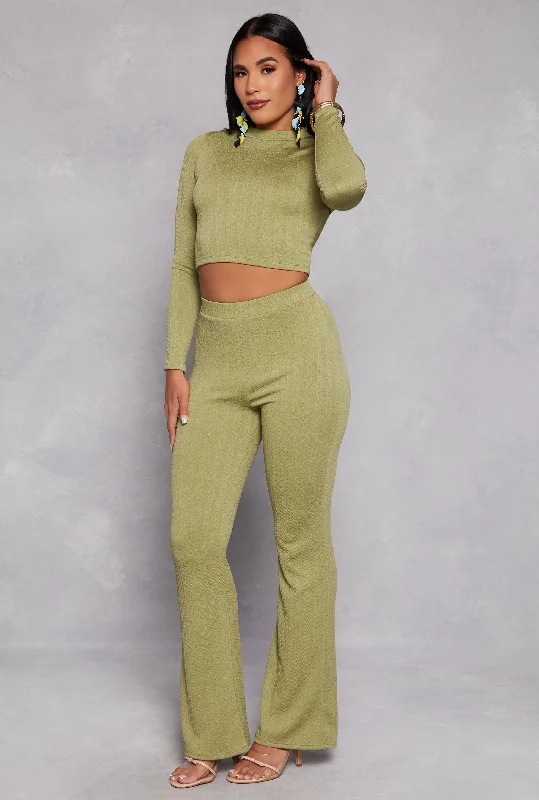 Textured Knit High Waist Flare Pants