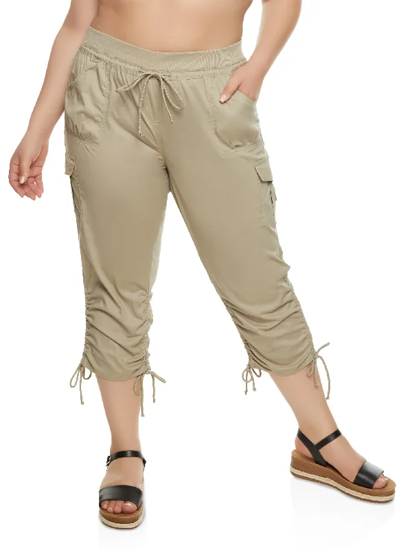 Plus Size High Waisted Ruched Cargo Capri Pants