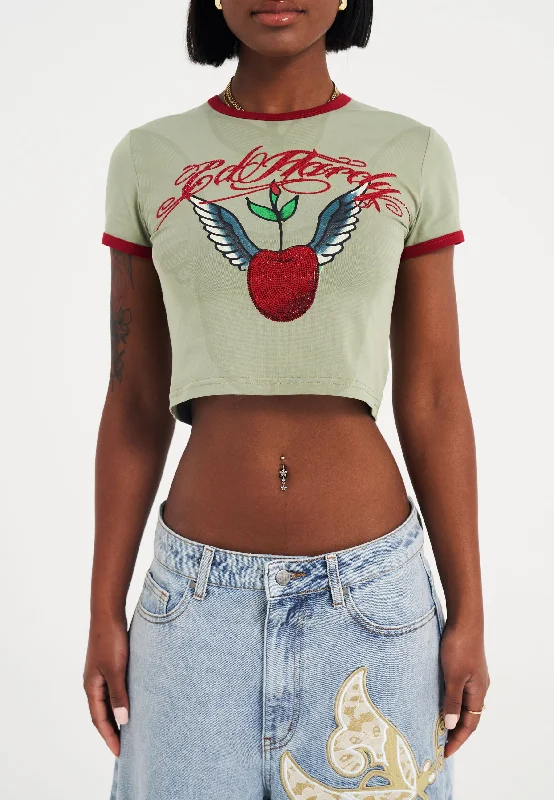 Womens Cherry Love Bomb Diamante Baby Tshirt Top - Green