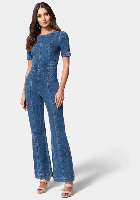 Puff Sleeve Wide Leg Denim Jumpsuit