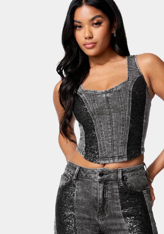 Sequin Trim Denim Bustier Top