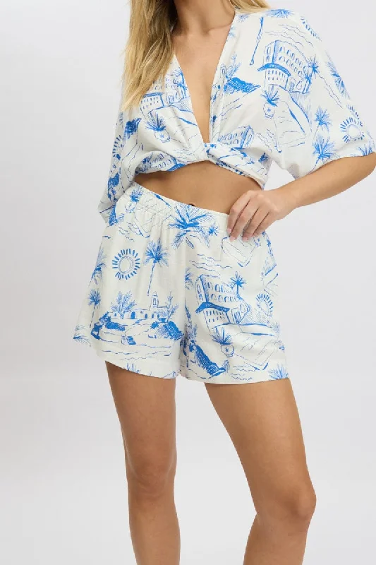 Blue Abstract Relaxed Shorts High Rise